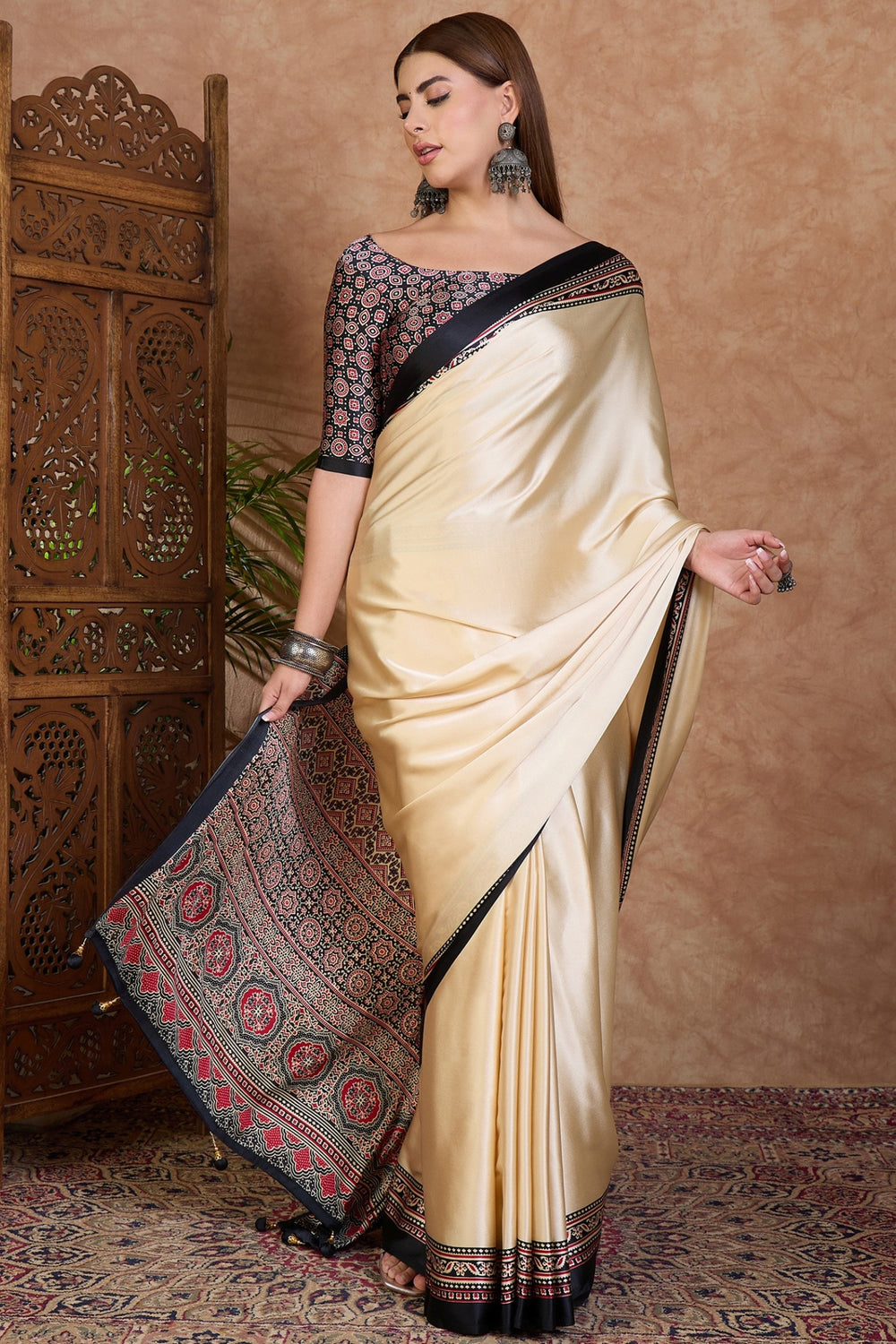 Bavarain Cream Pure Soft Modal Satin Ajrakh Print Satin Saree Japan Satin Saree Anant Tex Exports Pvt.Ltd..