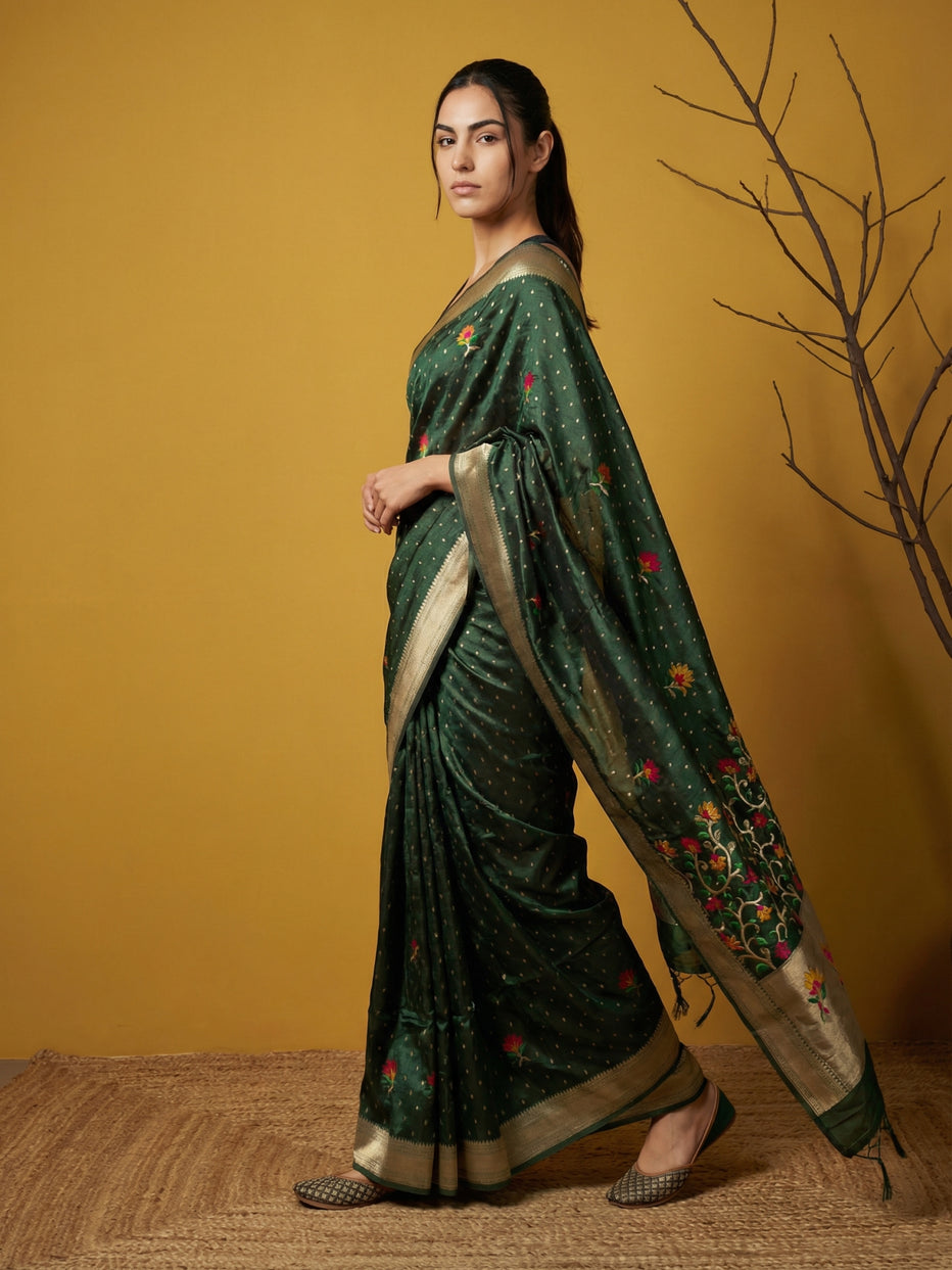 Green Pure Organza Silk Meenakari Jamdani Zari Woven Organza Saree