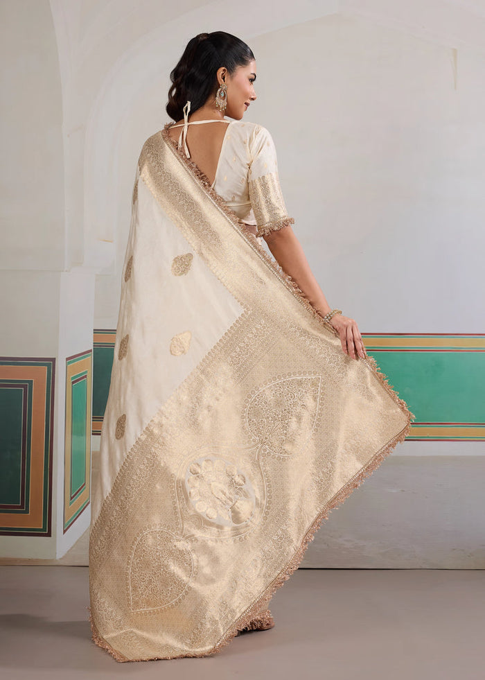 Floral White Woven Banarasi Satin Silk Saree Japan Satin Saree Anant Tex Exports Pvt.Ltd..