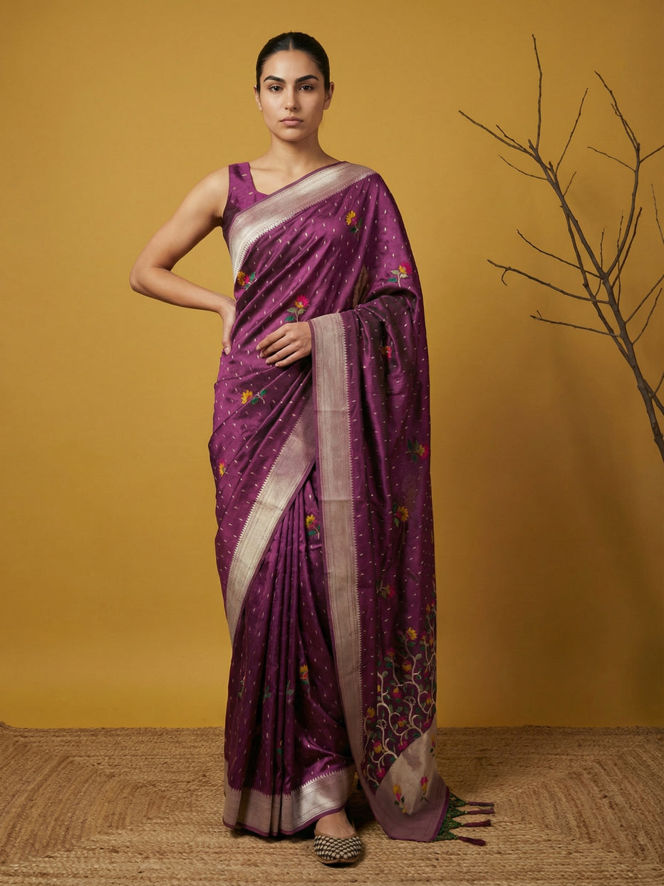Purple Pure Organza Silk Meenakari Jamdani Zari Woven Organza Saree