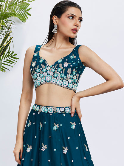 Teal Georgette Sequins &amp; Thread Embroidery Lehenga Choli &amp; Dupatta