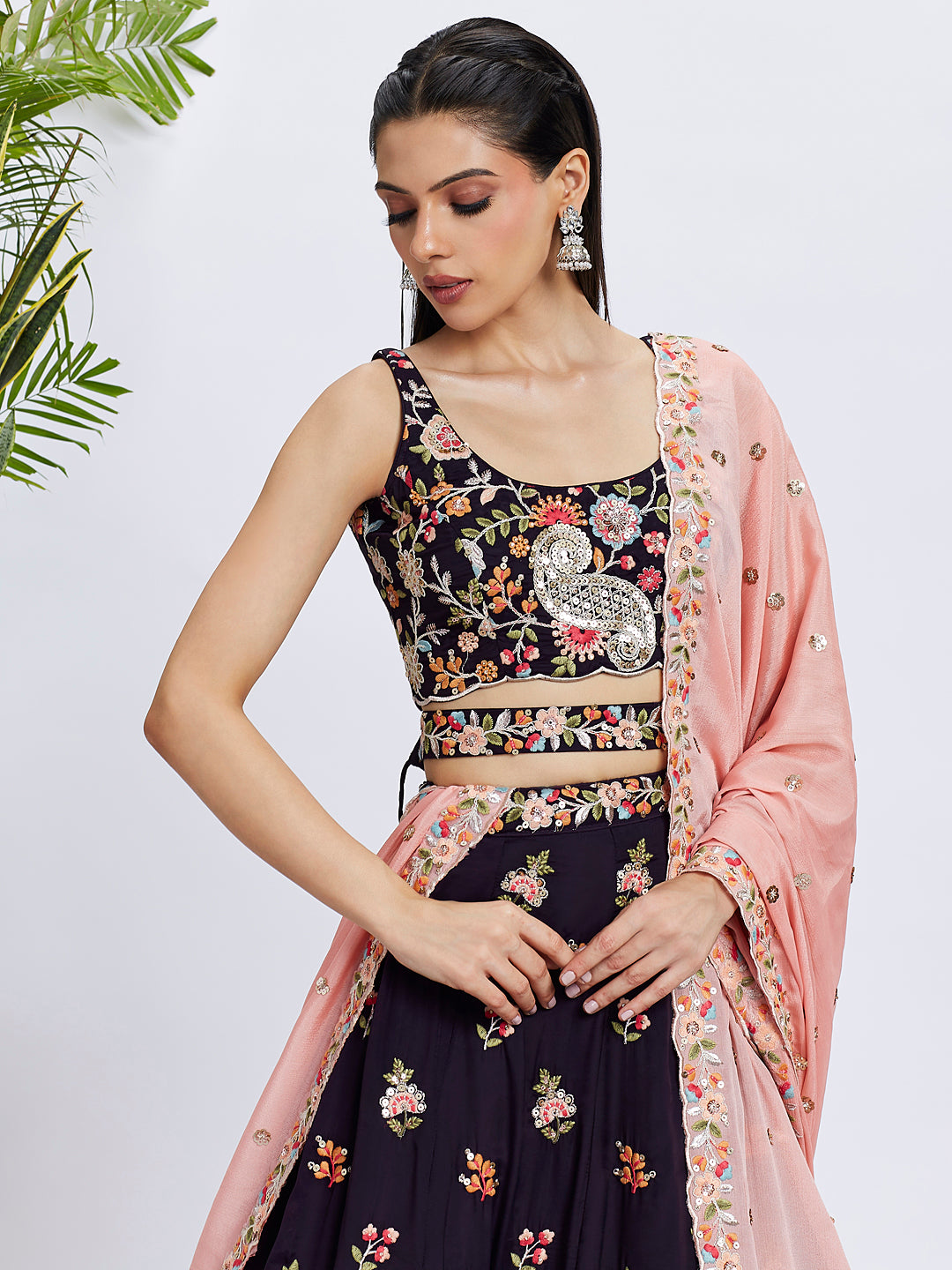 Magenta Organza Sequins Thread Embroidery Lehenga Choli &amp; Dupatta