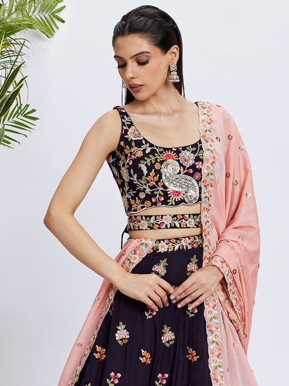 Magenta Organza Sequins Thread Embroidery Lehenga Choli &amp; Dupatta