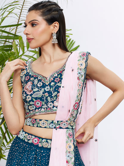 Navy Blue Chiffon Sequins Thread Embroidery Lehenga Choli &amp; Dupatta