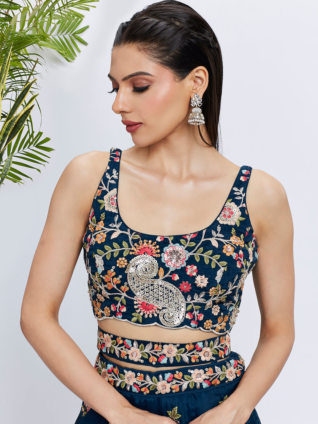 Navy Blue Organza Sequins Thread Embroidery Lehenga Choli &amp; Dupatta