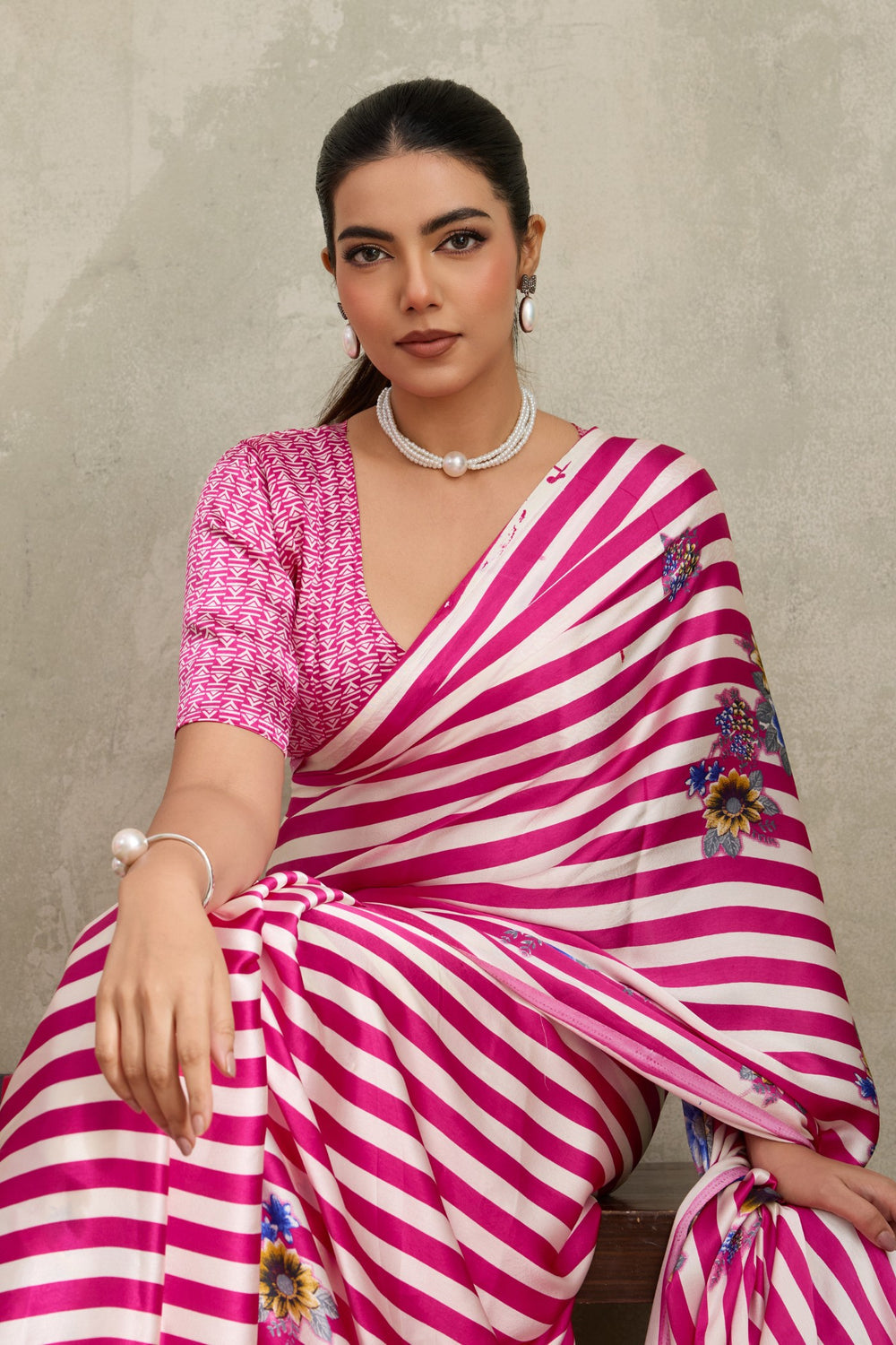 Neon Pink Pure Soft Modal Satin Ajrakh Print Satin Saree Japan Satin Saree Anant Tex Exports Pvt.Ltd..