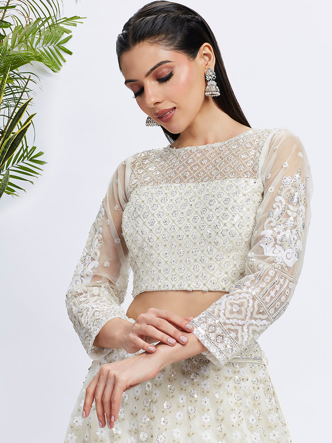 Cream Net Sequins and Thread Embroidery Lehenga Choli &amp; Dupatta