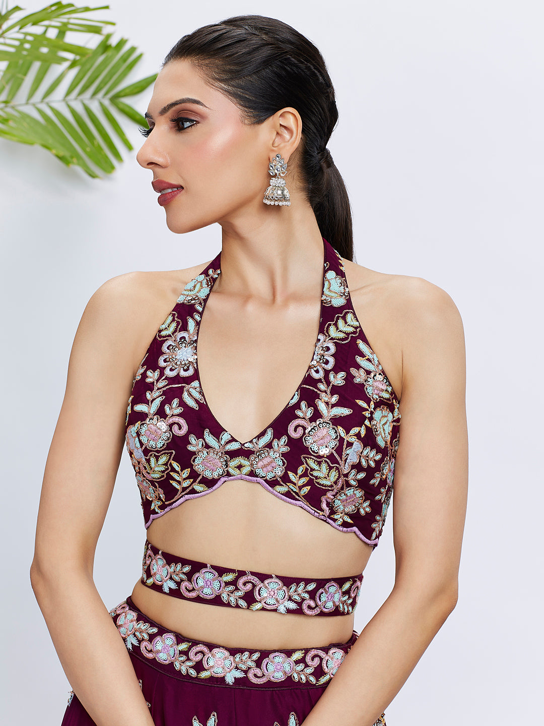Burgundy Georgette Sequins Thread Embroidery Lehenga Choli &amp; Dupatta