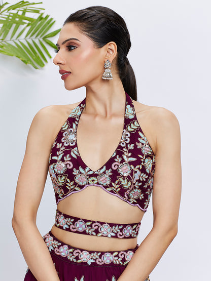 Burgundy Georgette Sequins Thread Embroidery Lehenga Choli &amp; Dupatta