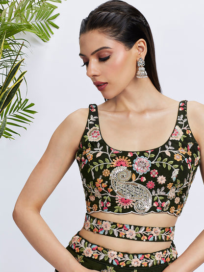 Olive Organza Sequins Thread Embroidery Lehenga Choli &amp; Dupatta