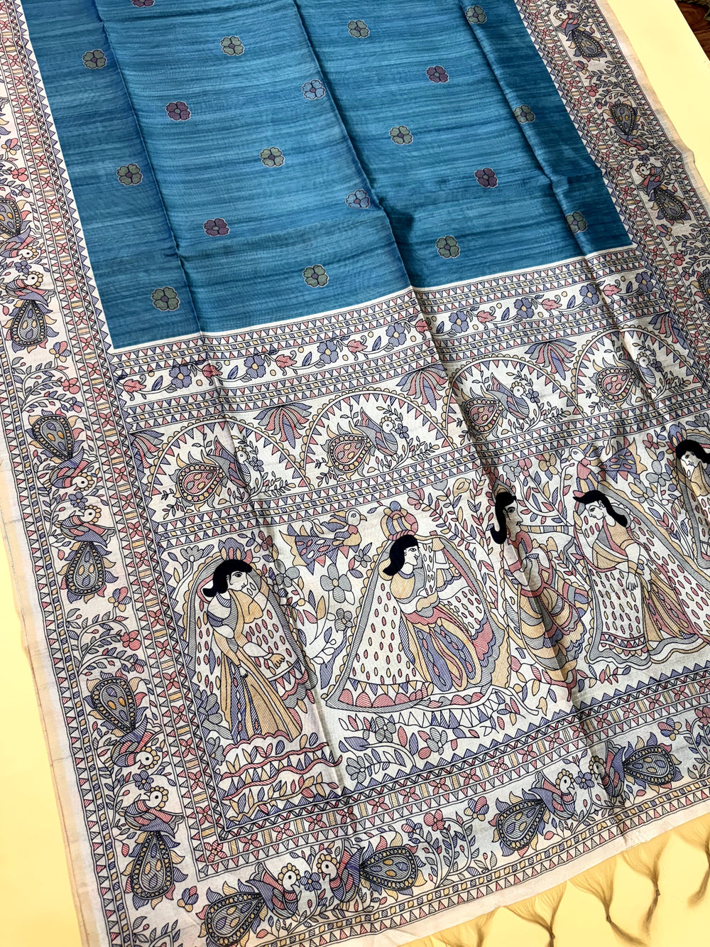 Firozi Pure Tussar Madhubani Pallu Tussar Silk Saree