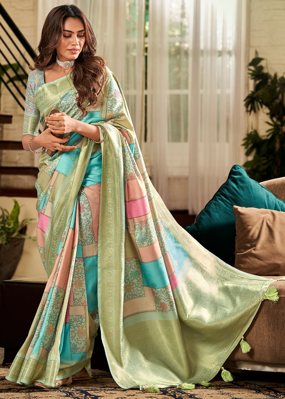 Green Banarasi Digital Printed Soft Silk Saree