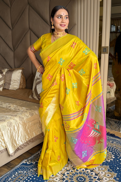 Yellow Pink Soft Silk Ikkat Zari Patola Soft Silk Saree