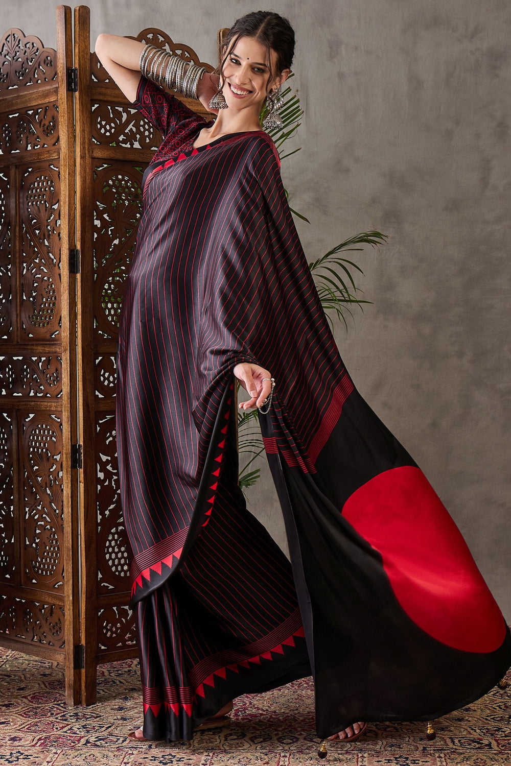 Black and Red Printed Satin Gaji Silk Saree 