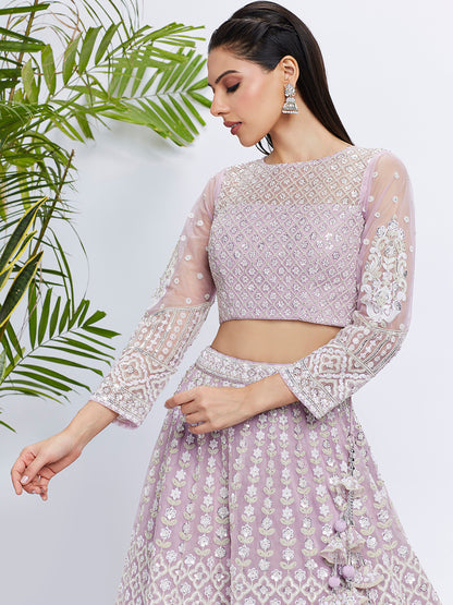 Lavender Net Sequins and Thread Embroidery Lehenga Choli &amp; Dupatta