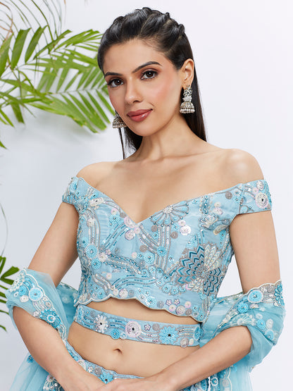Sky Blue Organza Sequins and Thread Embroidery Lehenga Choli &amp; Dupatta