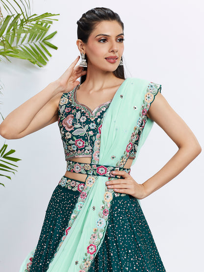 Green Pure Chiffon Sequins Thread Embroidery Lehenga Choli &amp; Dupatta