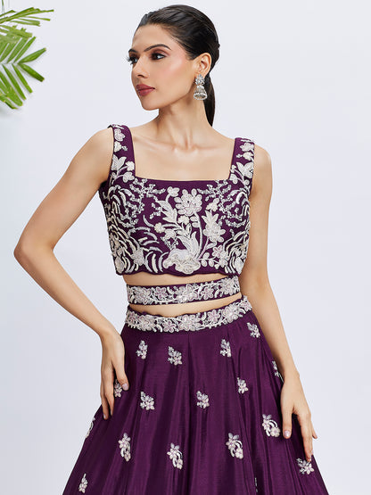 Purple Georgette Sequins Thread Embroidery Lehenga Choli &amp; Dupatta