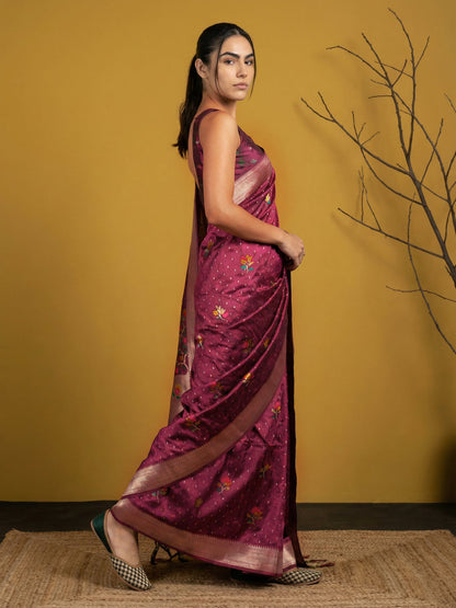 Purple Pure Organza Silk Meenakari Jamdani Zari Woven Organza Saree