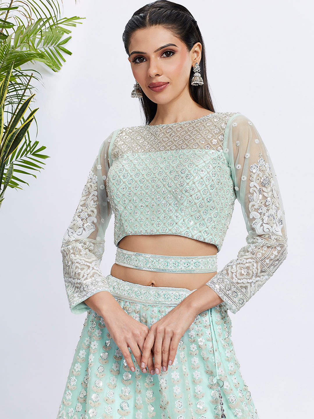 Turquoise blue Net Sequins and Thread Embroidery Lehenga Choli &amp; Dupatta