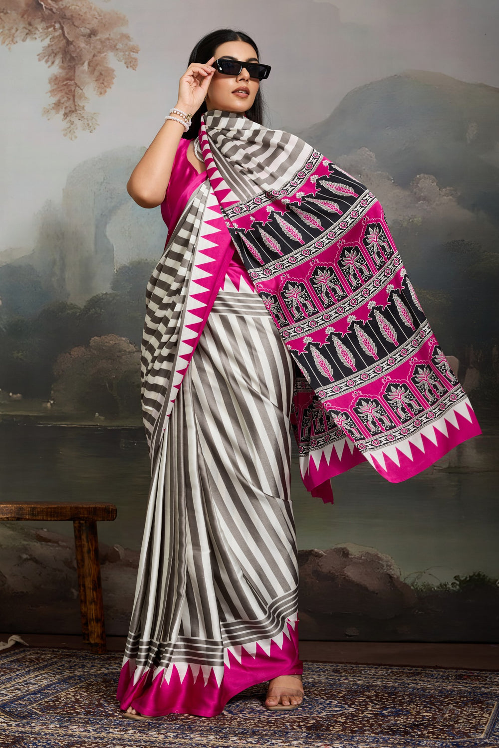 White and Pink Pure Ajrakh Printed Satin Crepe Silk Saree ##color## Floral Printed Saree with premium fabric and embroidery