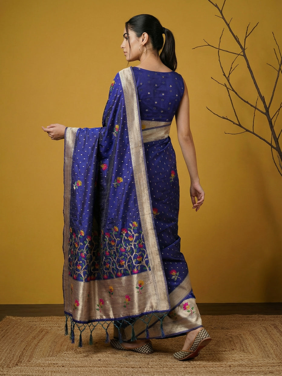 Blue Pure Organza Silk Meenakari Jamdani Zari Woven Organza Saree