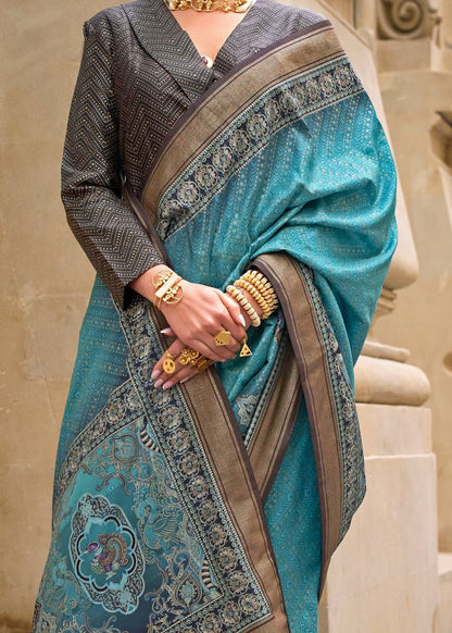 Blue Pure Viscose Silk Blend Foil Print Saree 