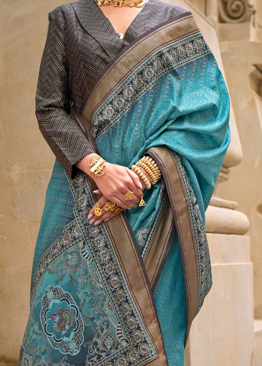 Blue Pure Viscose Silk Blend Foil Print Saree