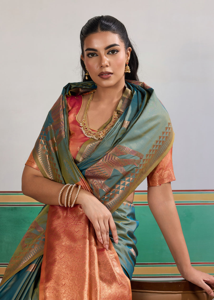 Teal Blue Pure Soft Silk Handloom Saree