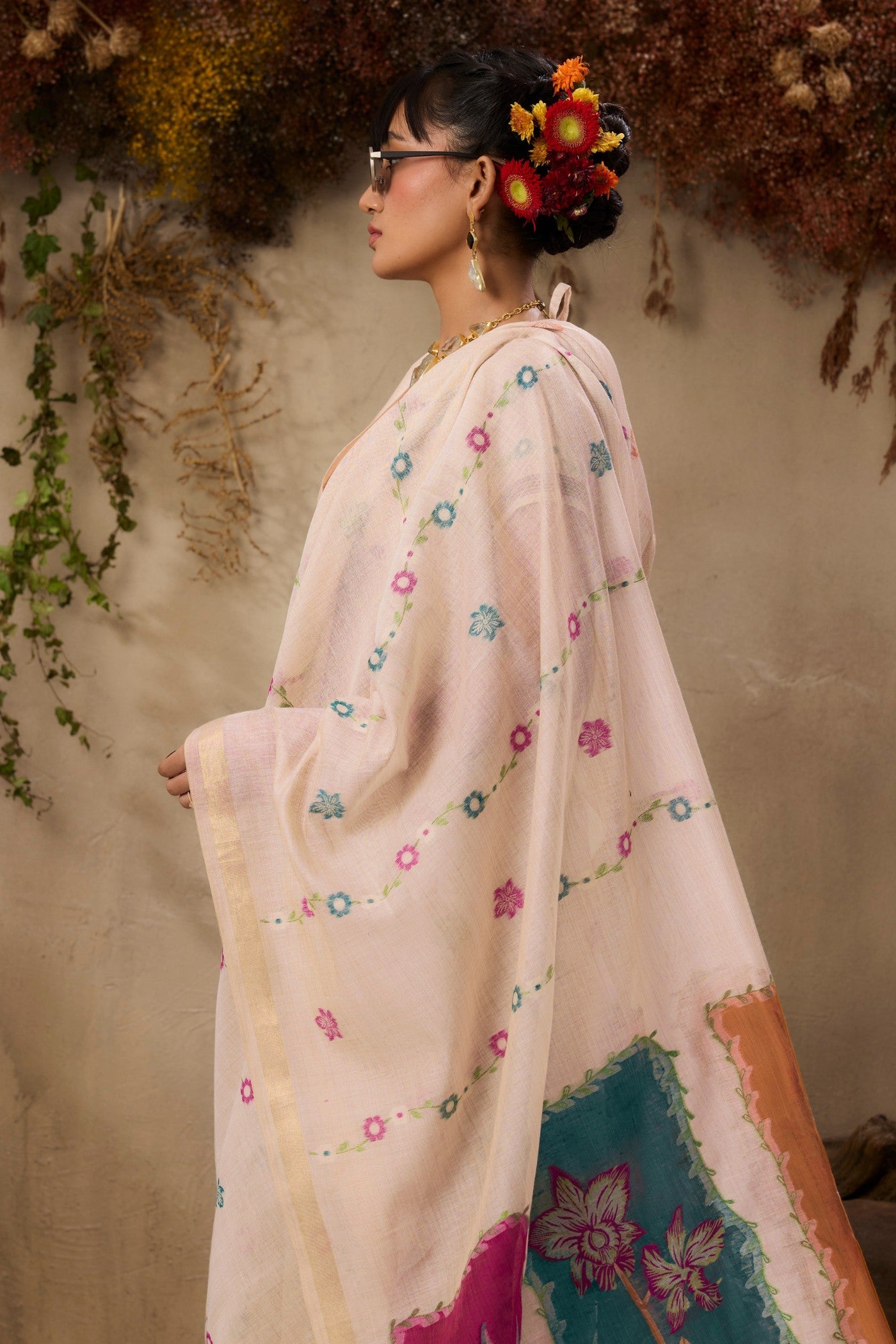 Cream Pure Soft Handloom Muga Cotton Saree 