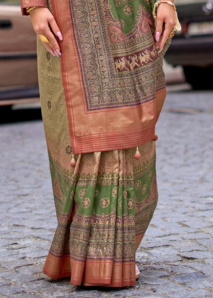 Olive Pure Viscose Silk Blend Foil Print Saree 