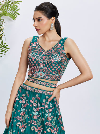 Green Georgette Sequins and Thread Embroidery Lehenga Choli &amp; Dupatta