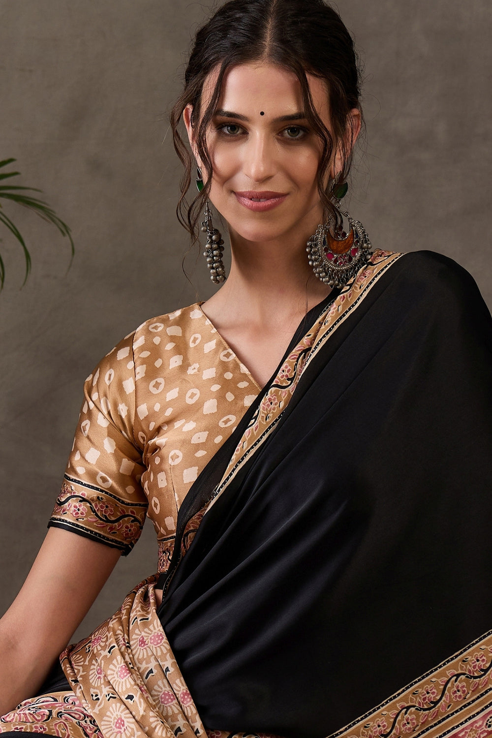 Ebony Black Pure Soft Modal Satin Ajrakh Print Satin Saree Japan Satin Saree Anant Tex Exports Pvt.Ltd..