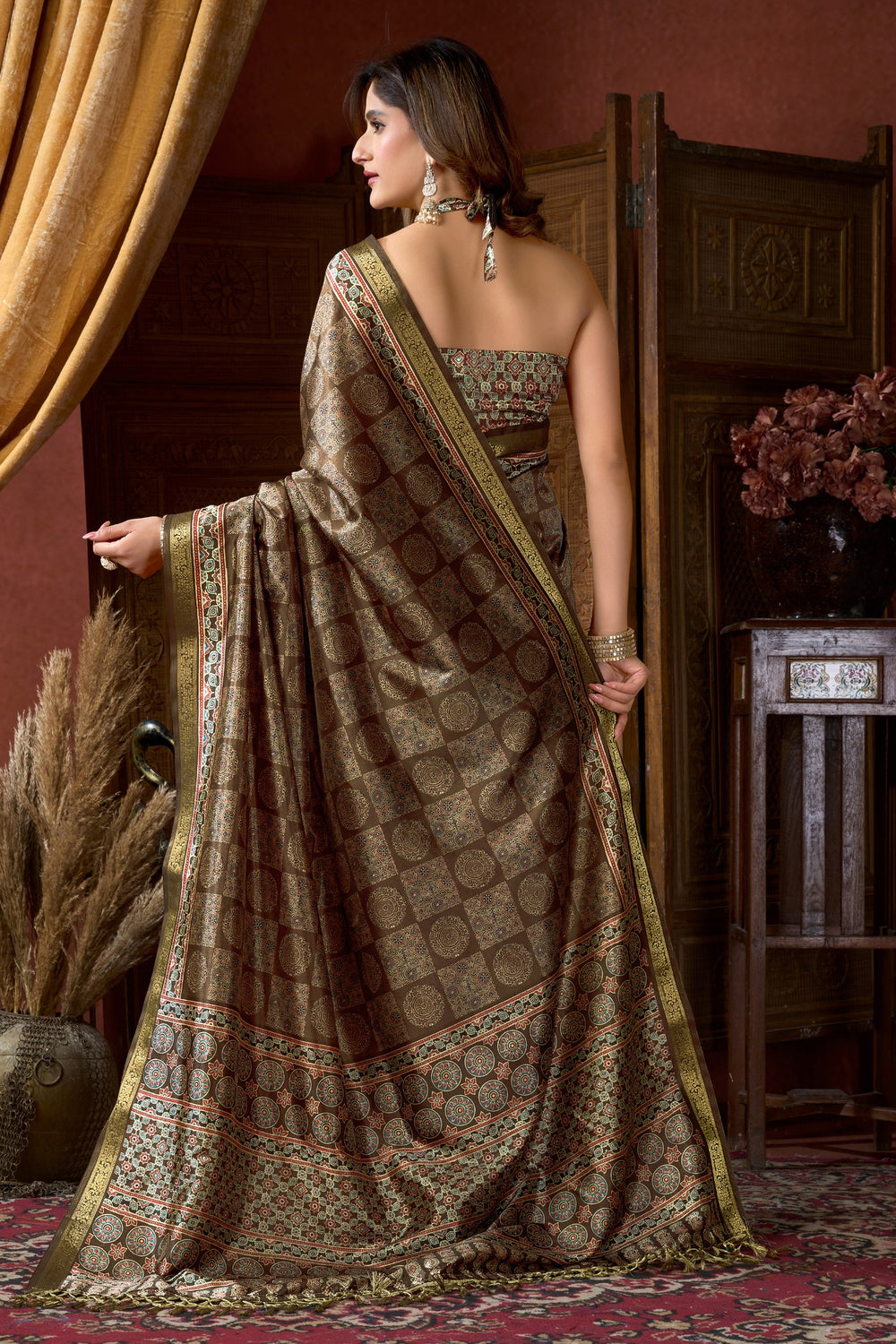 Forest Green Pure Cluster Silk Ajarkh Digital Printed Saree 