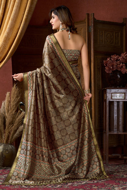 Forest Green Pure Cluster Silk Ajarkh Digital Printed Saree 