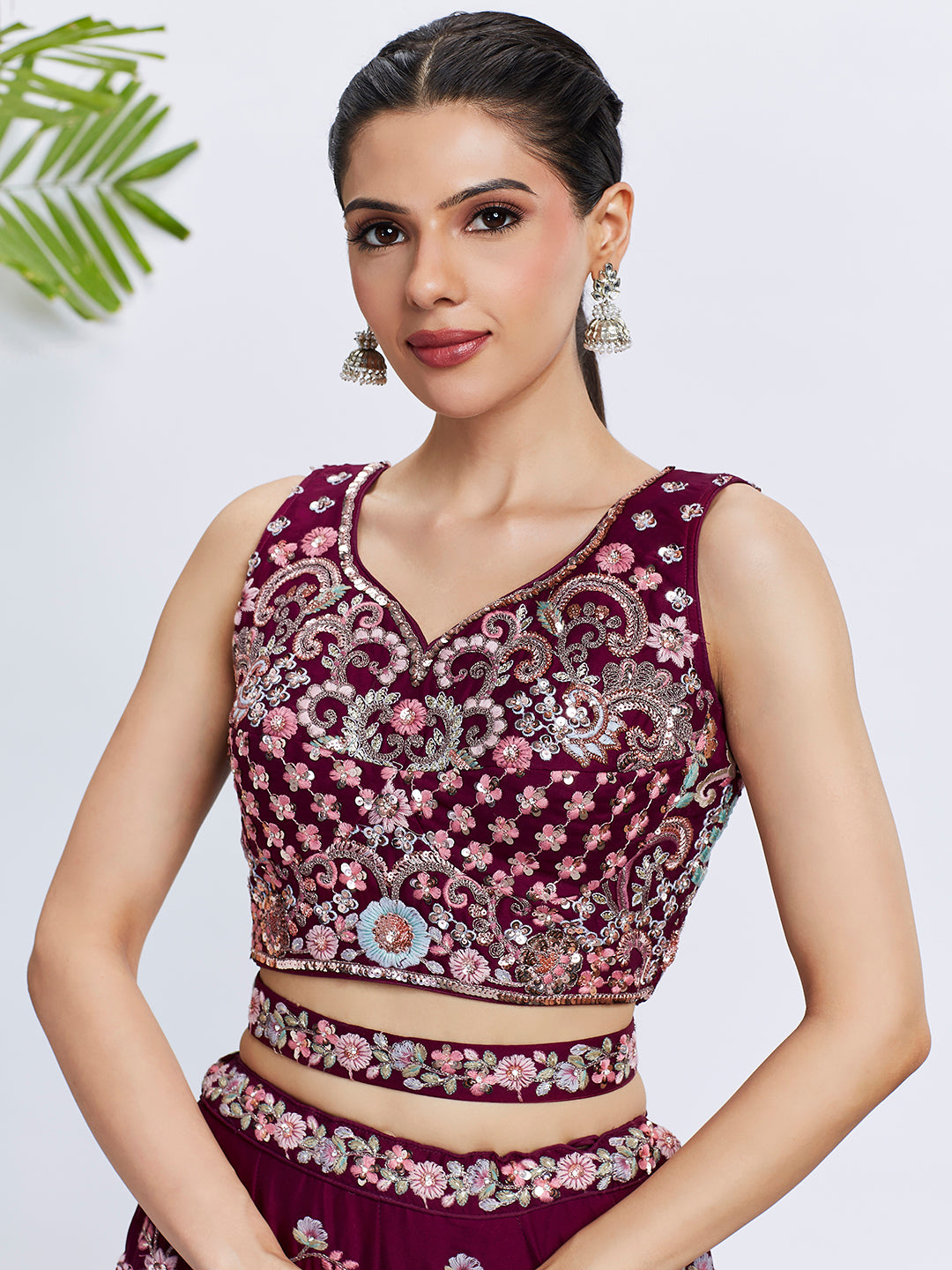 Burgundy Georgette Sequins and Thread Embroidery Lehenga Choli &amp; Dupatta