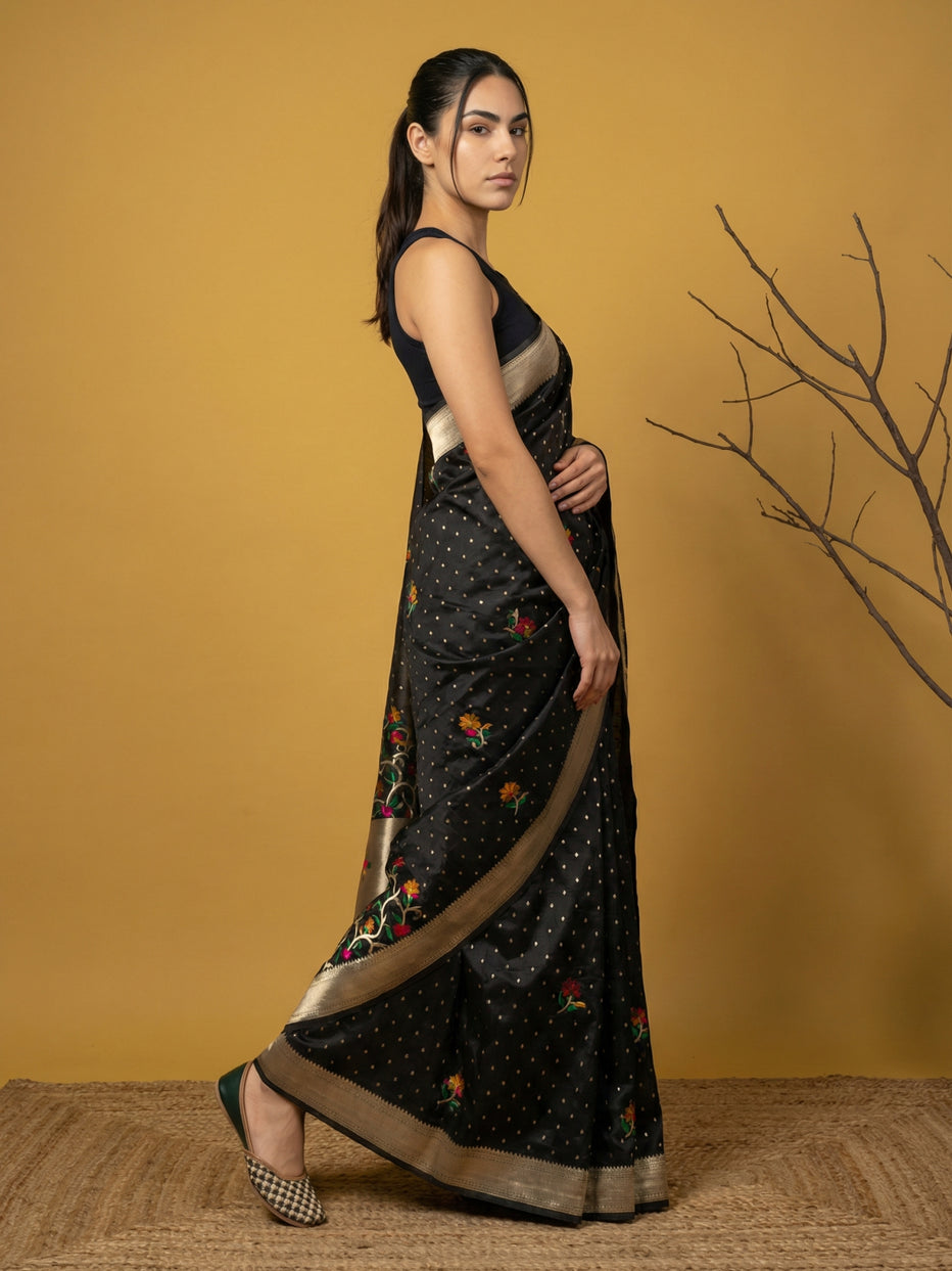 Black Pure Organza Silk Meenakari Jamdani Zari Woven Organza Saree
