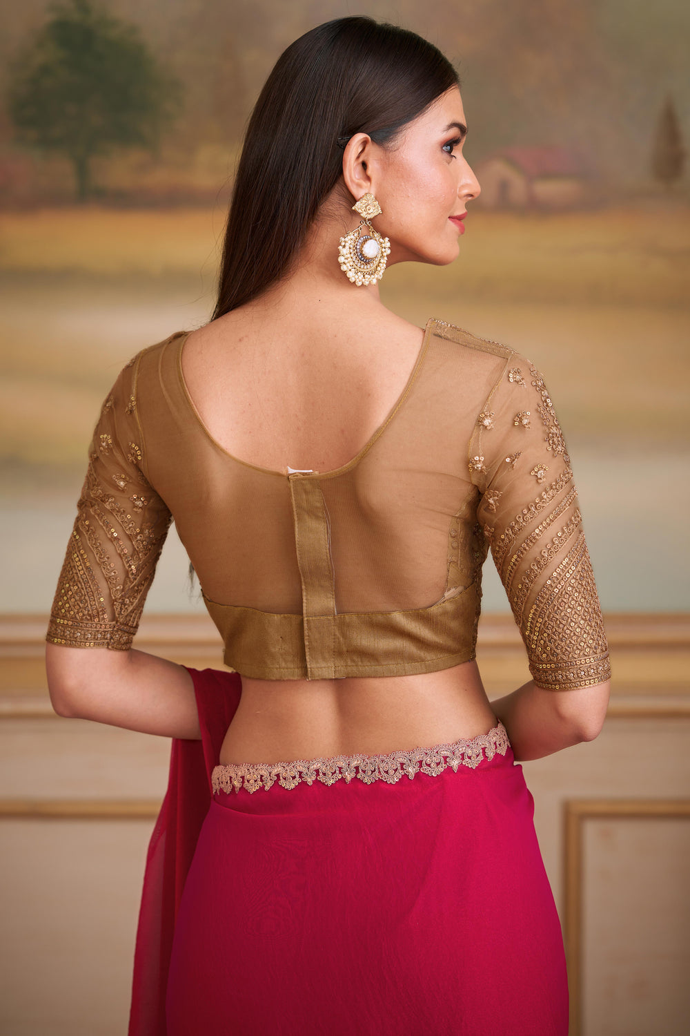 Cherry Red Pure Georgette Silk With Floral Sequins Saree 