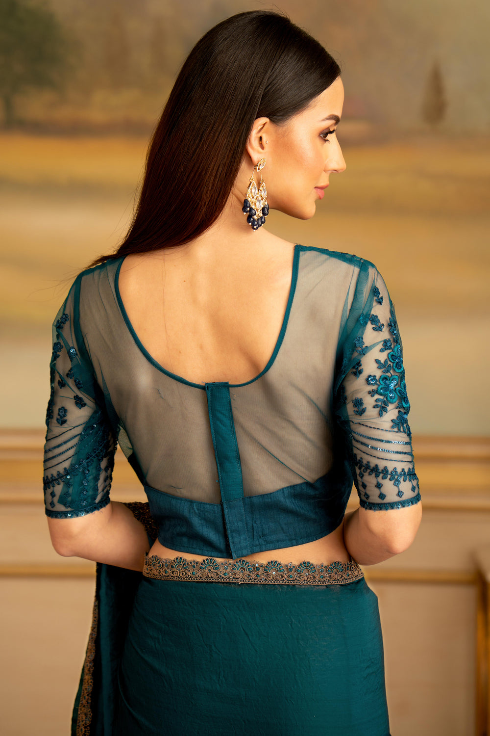 Dark Teal Pure Georgette Silk With Floral Sequins Saree