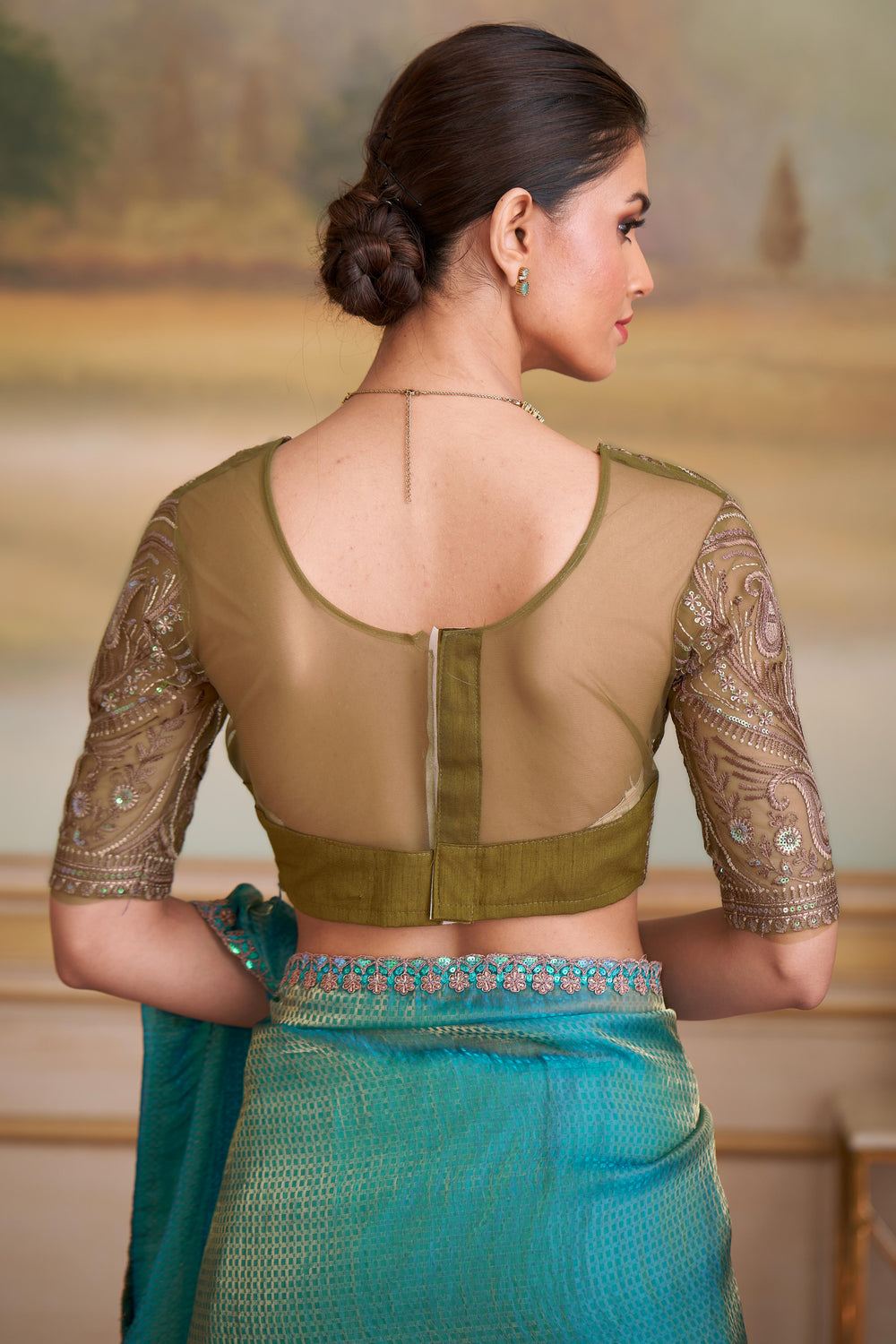 Golden Blue Pure Georgette Silk With Floral Sequins Saree 