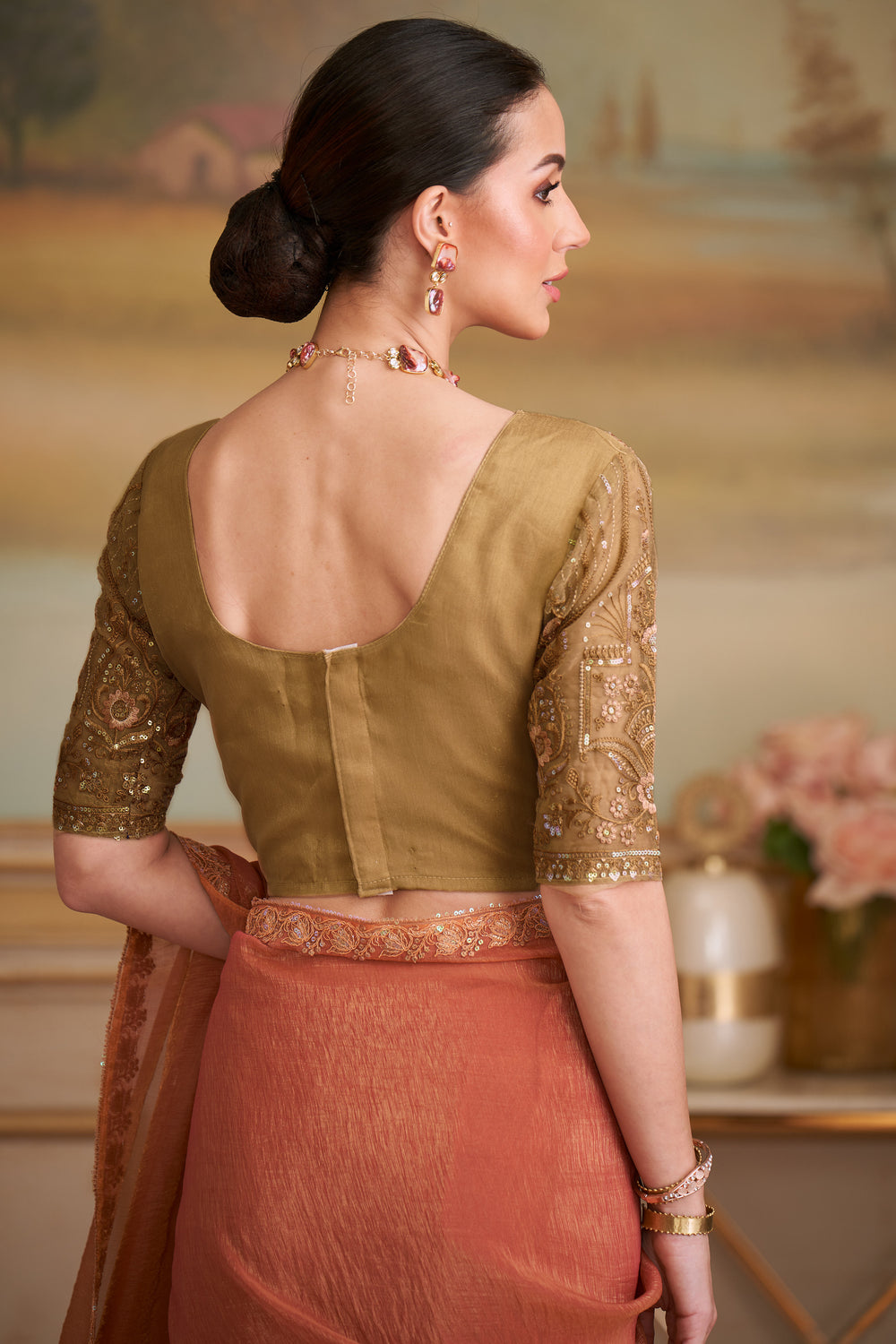 Orange Pure Georgette Silk With Floral Sequins Saree 