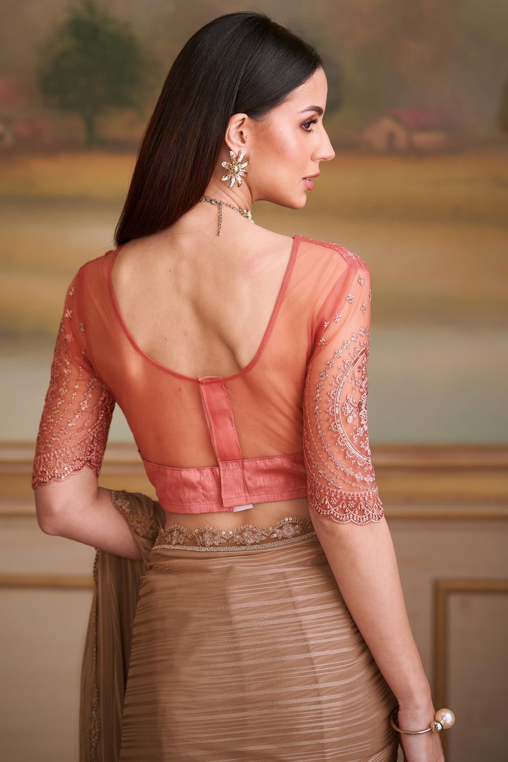 Chikoo Pure Georgette Silk With Floral Sequins Saree 