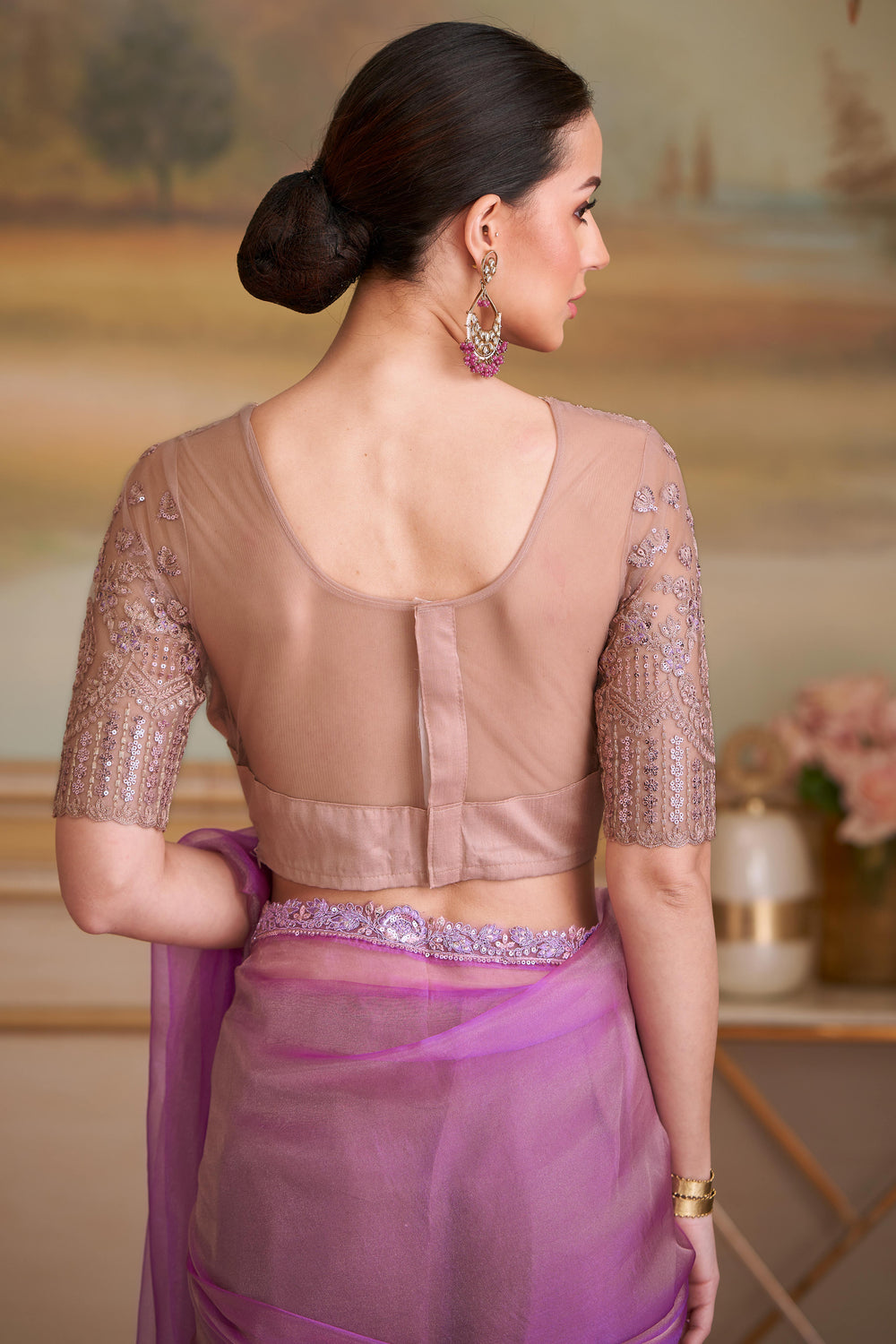Magenta Pure Georgette Silk With Floral Sequins Saree 