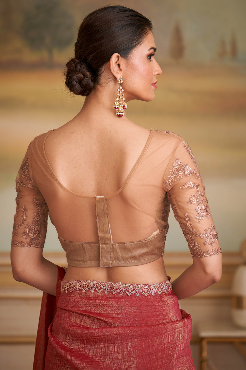 Brick Red Pure Georgette Silk With Floral Sequins Saree 