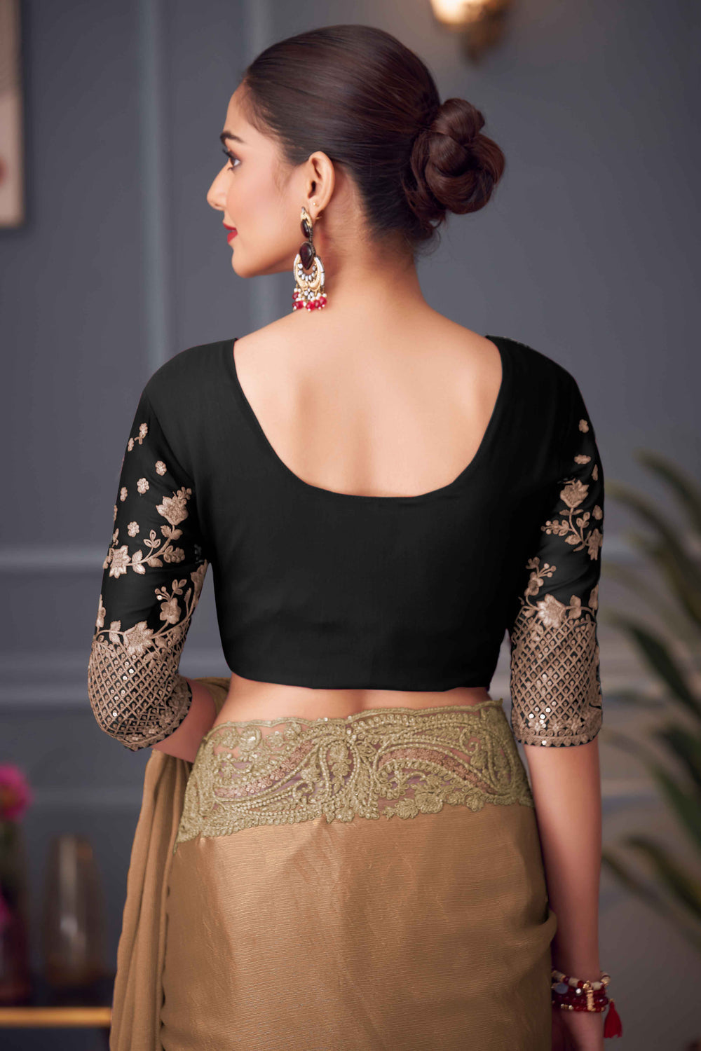Brown Pure Georgette Chiffon With Embroidery Sequins Saree 