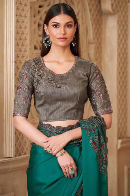 Rama Green Pure Soft Satin Elegant Embroidered Work Satin Saree 