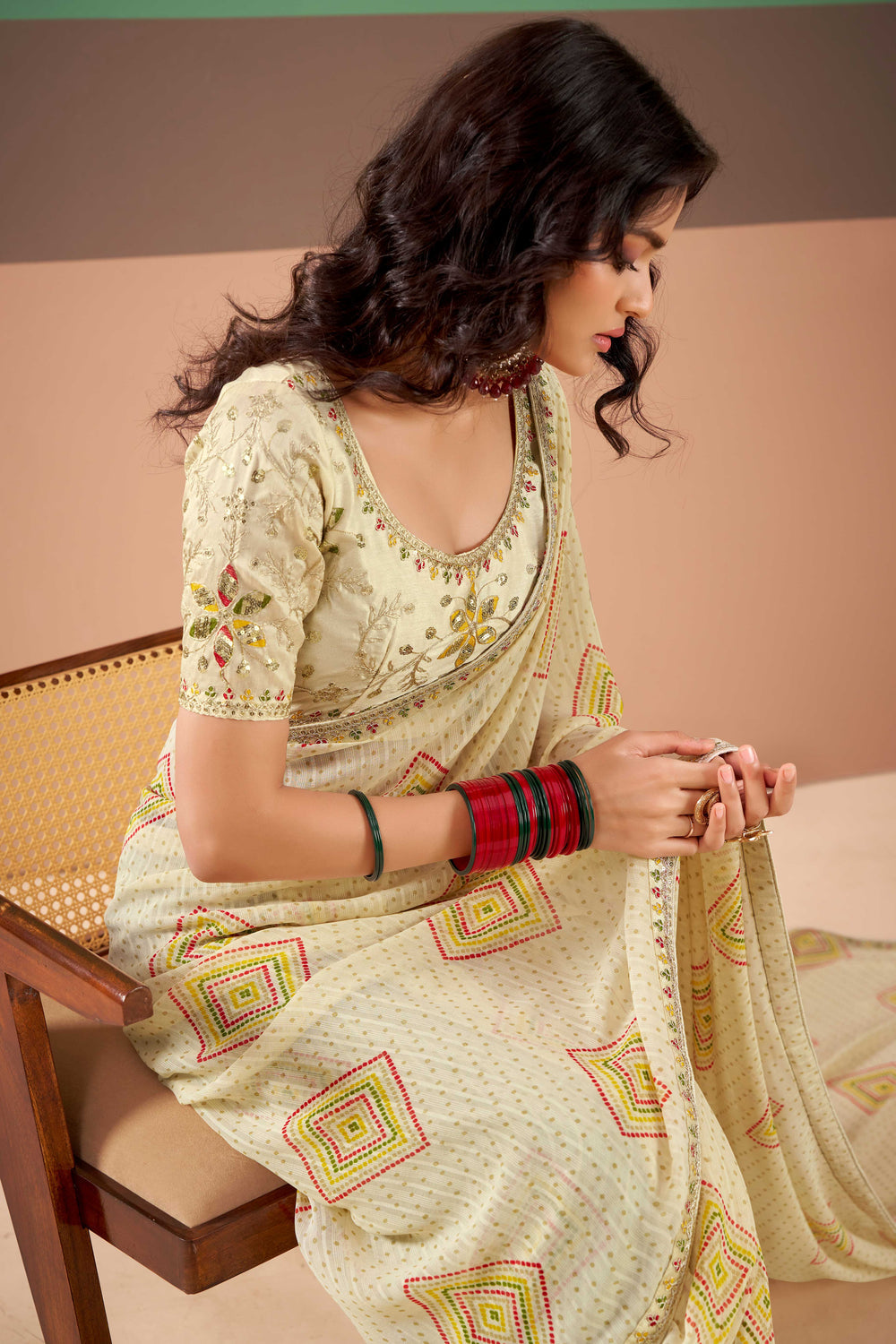 Cream Pure Georgette Chiffon Bandhani Print Saree 