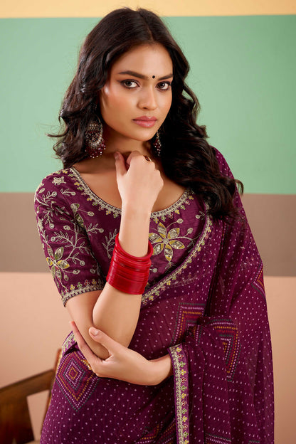Wine Pure Georgette Chiffon Bandhani Print Saree 