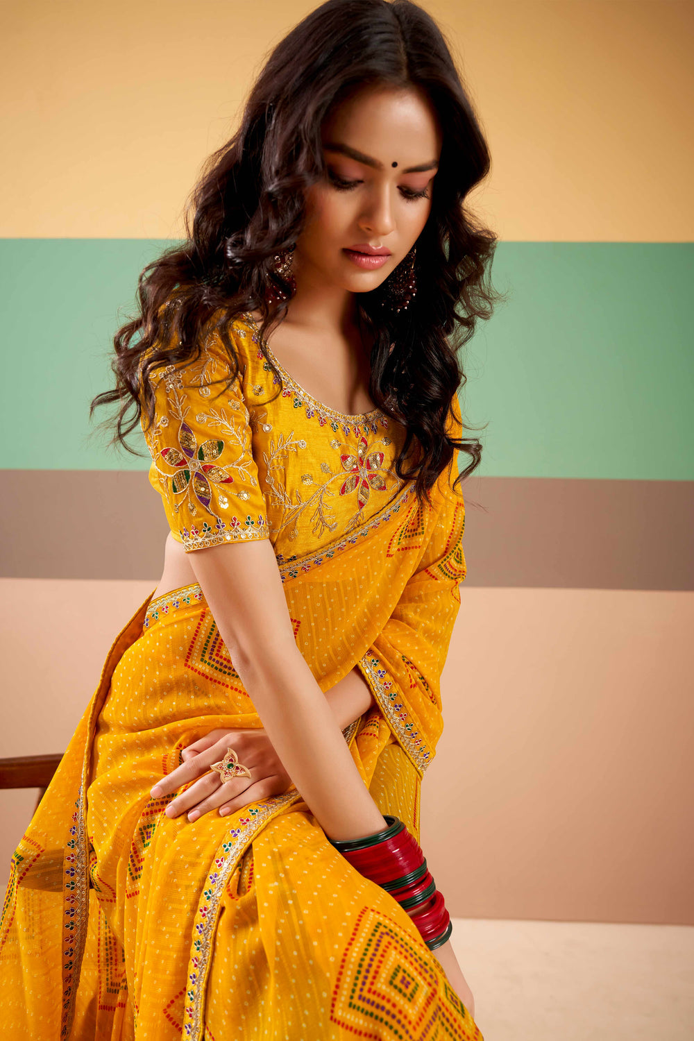 Mustard Pure Georgette Chiffon Bandhani Print Saree 