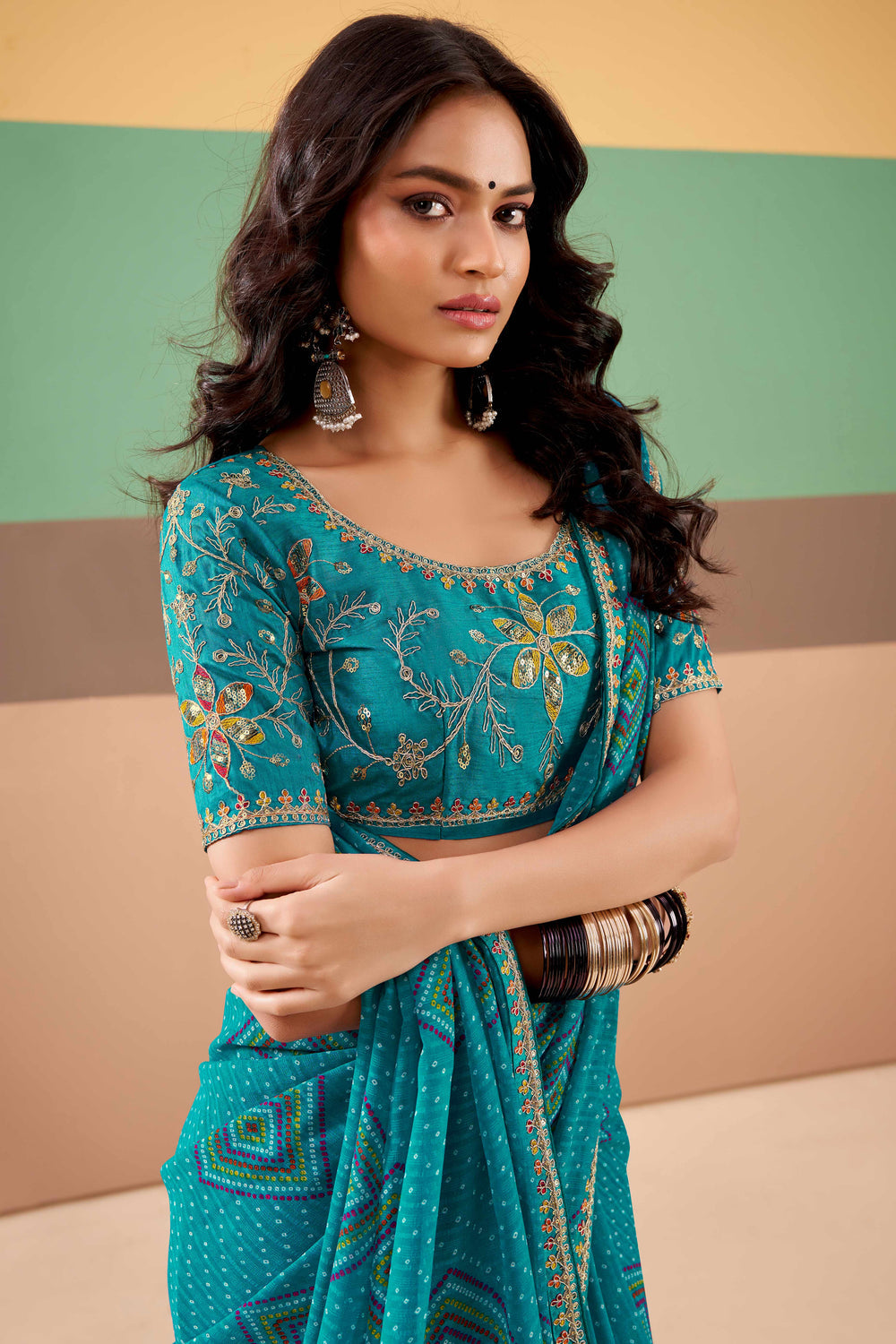 Blue Pure Georgette Chiffon Bandhani Print Saree 
